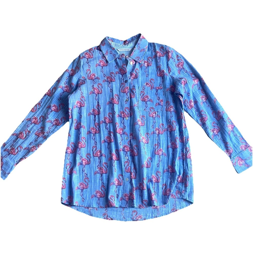 Soft Surroundings Flamingo Shirt Medium Button Down Long Sleeve Blouse New - Picture 2 of 7